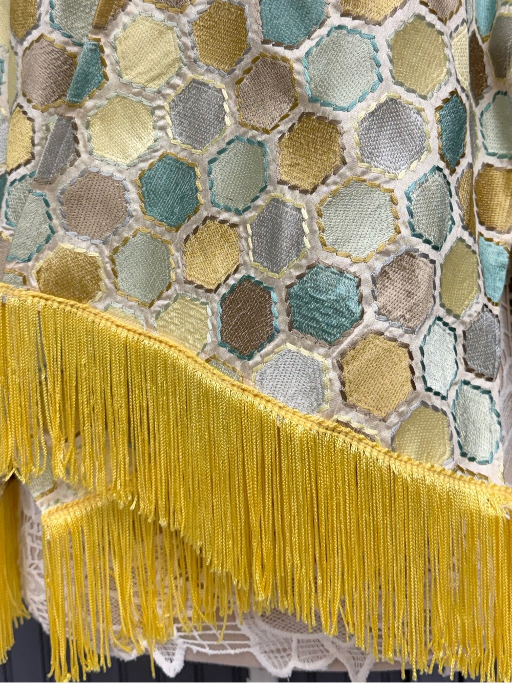 Vintage 60s Embroidered Honeycomb Hexagon Pattern Fringe Poncho Vest Boho - Picture 7 of 10